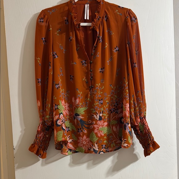Anthropologie Tops - Anthropologie Orange Puff Sleeve Blouse with Mandarin Collar